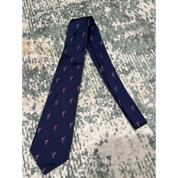 Lauren Ralph Lauren Tie 100% Silk Made By Hand Navy Pink Flamingo All Over